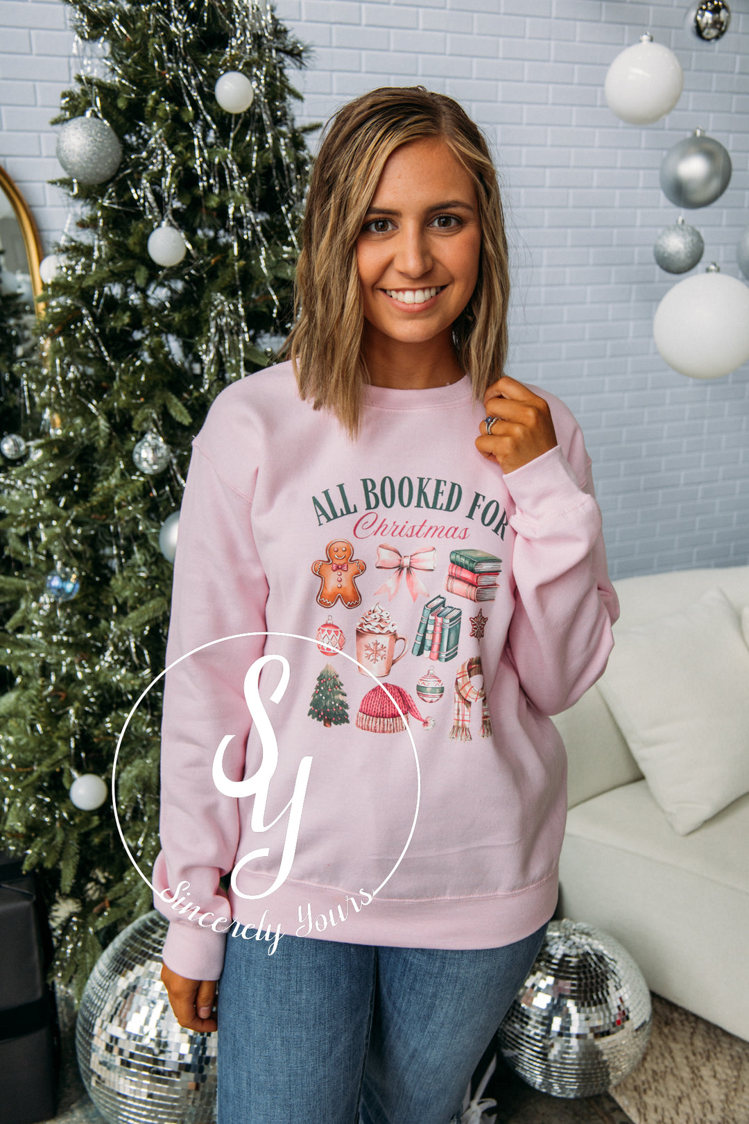 All Booked For Christmas Sweater- Light Pink