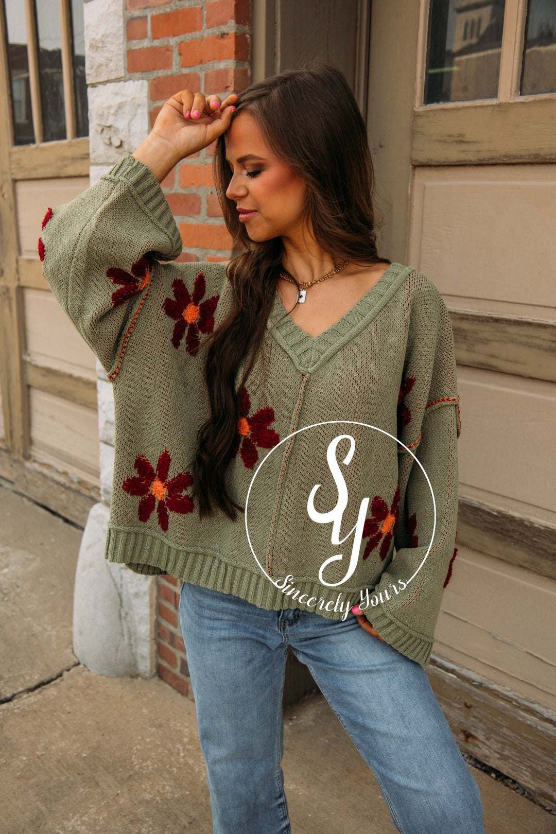 Boho Blooms Sweater-Olive