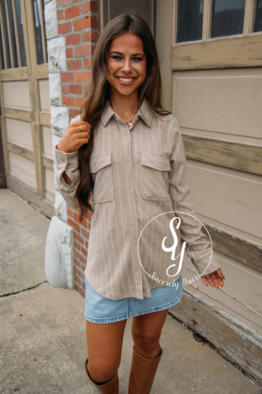 Stripe Love Button Up - Ivory/Camel