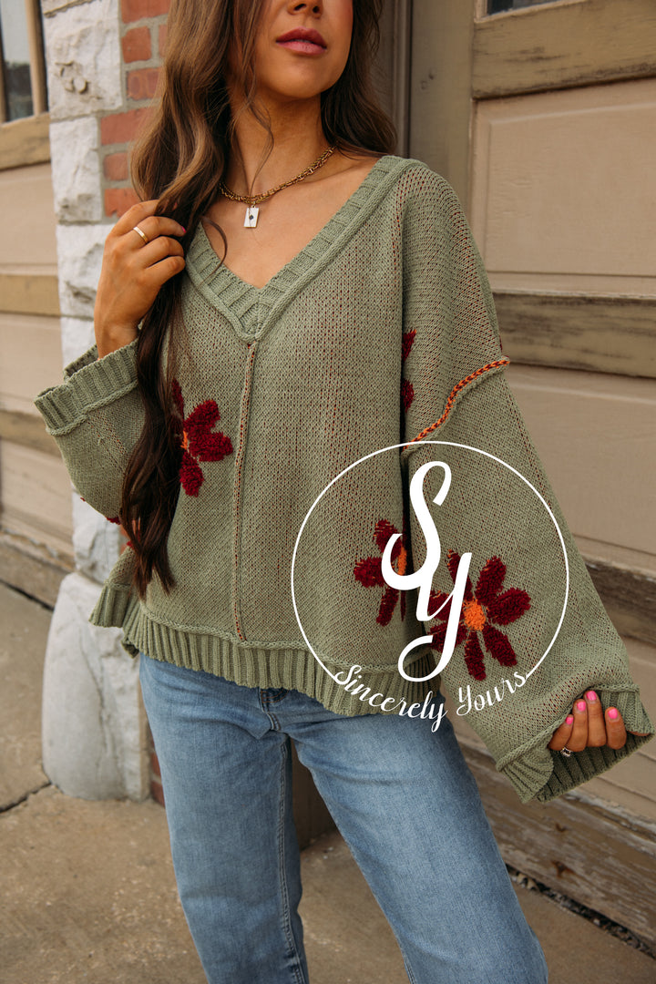 Boho Blooms Sweater-Olive