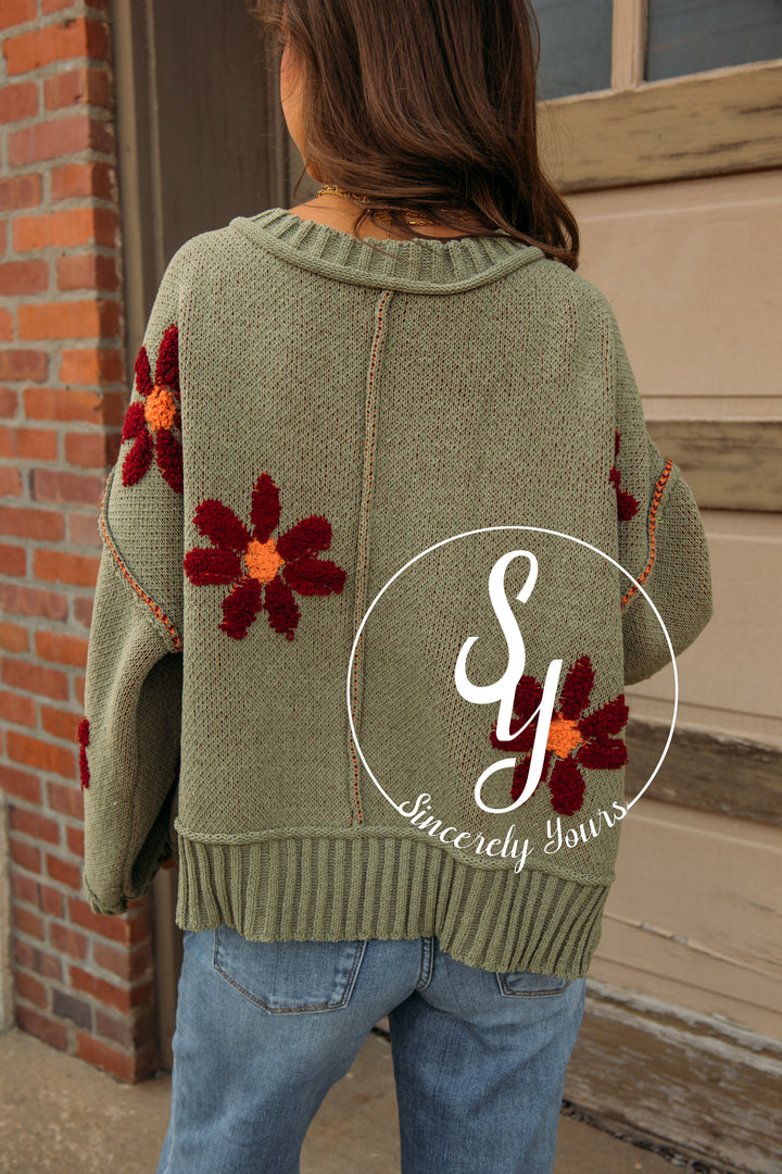 Boho Blooms Sweater-Olive