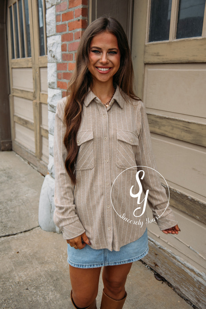 Stripe Love Button Up - Ivory/Camel