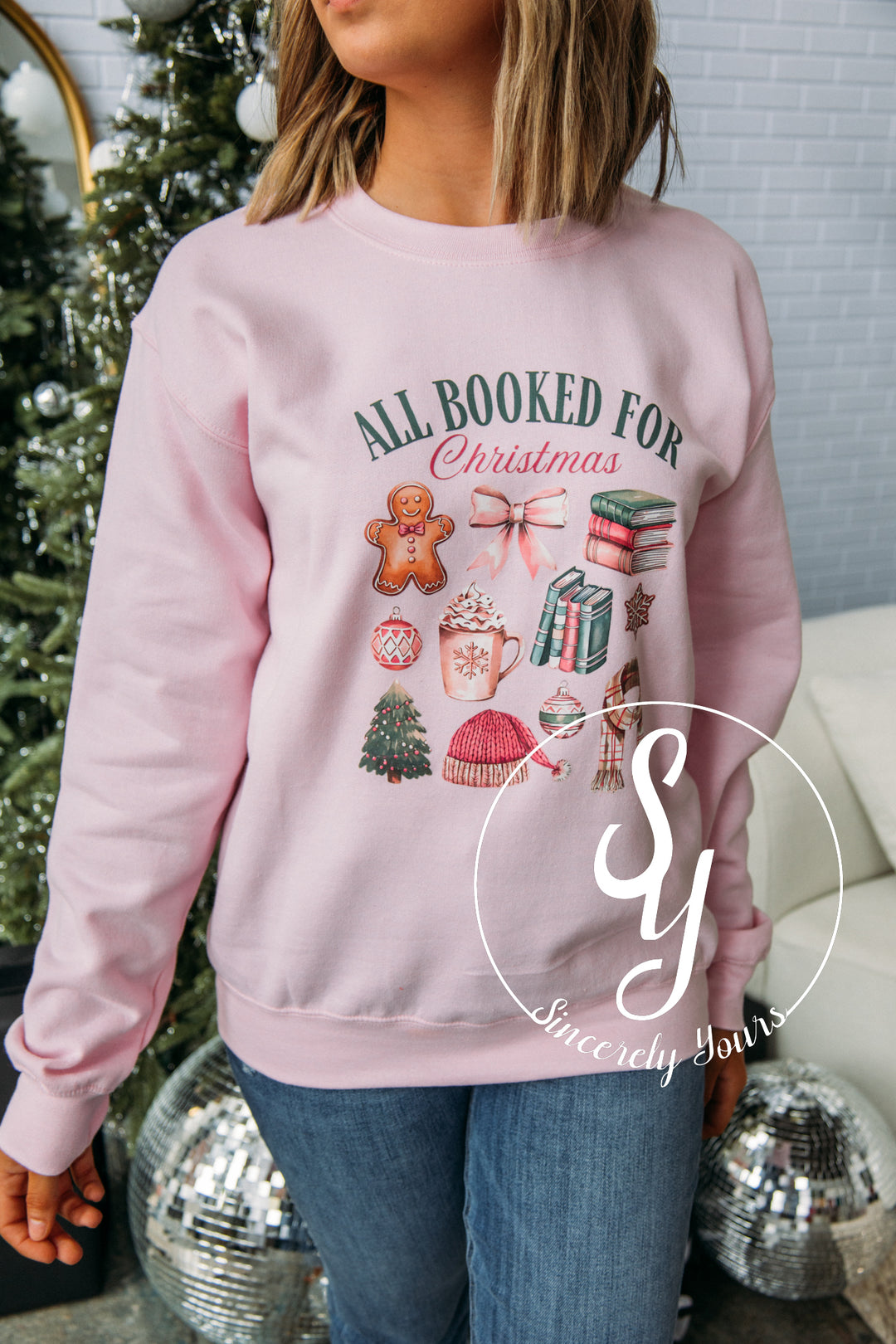 All Booked For Christmas Sweater- Light Pink