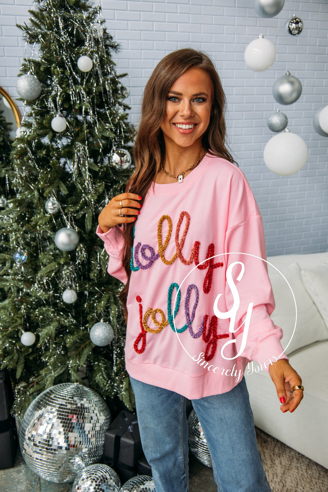 Holly Jolly Tinsel Top -Pink