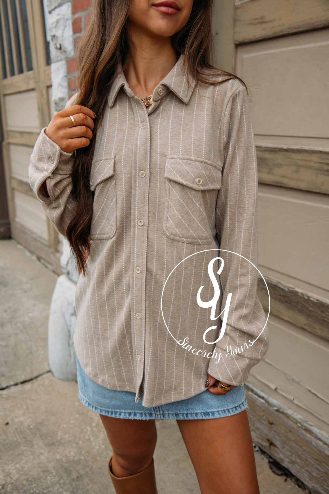 Stripe Love Button Up - Ivory/Camel