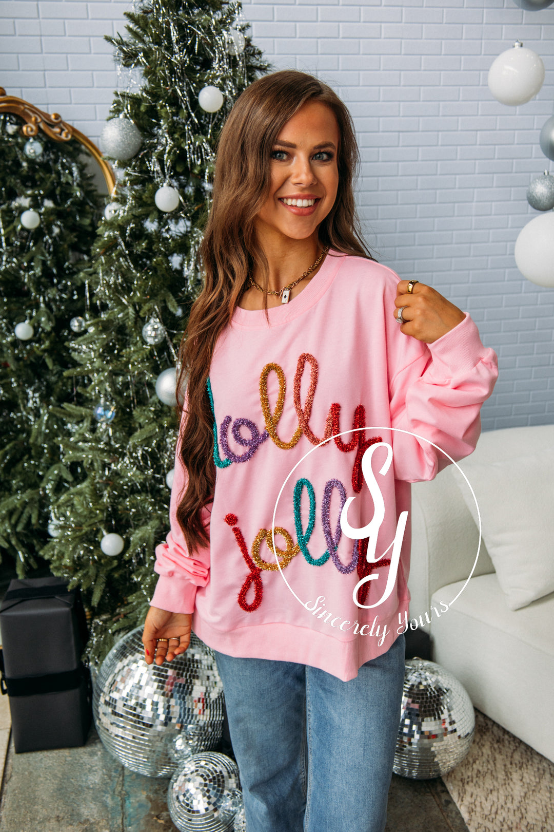 Holly Jolly Tinsel Top -Pink