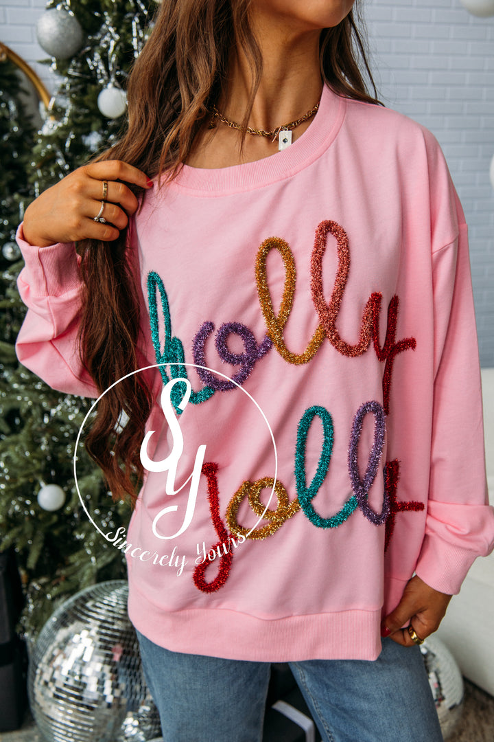 Holly Jolly Tinsel Top -Pink