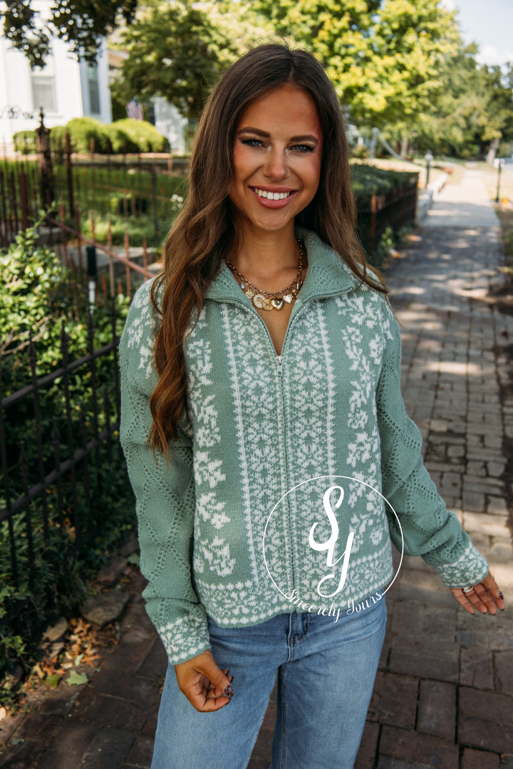 Morning Dew Zip Sweater- Sage