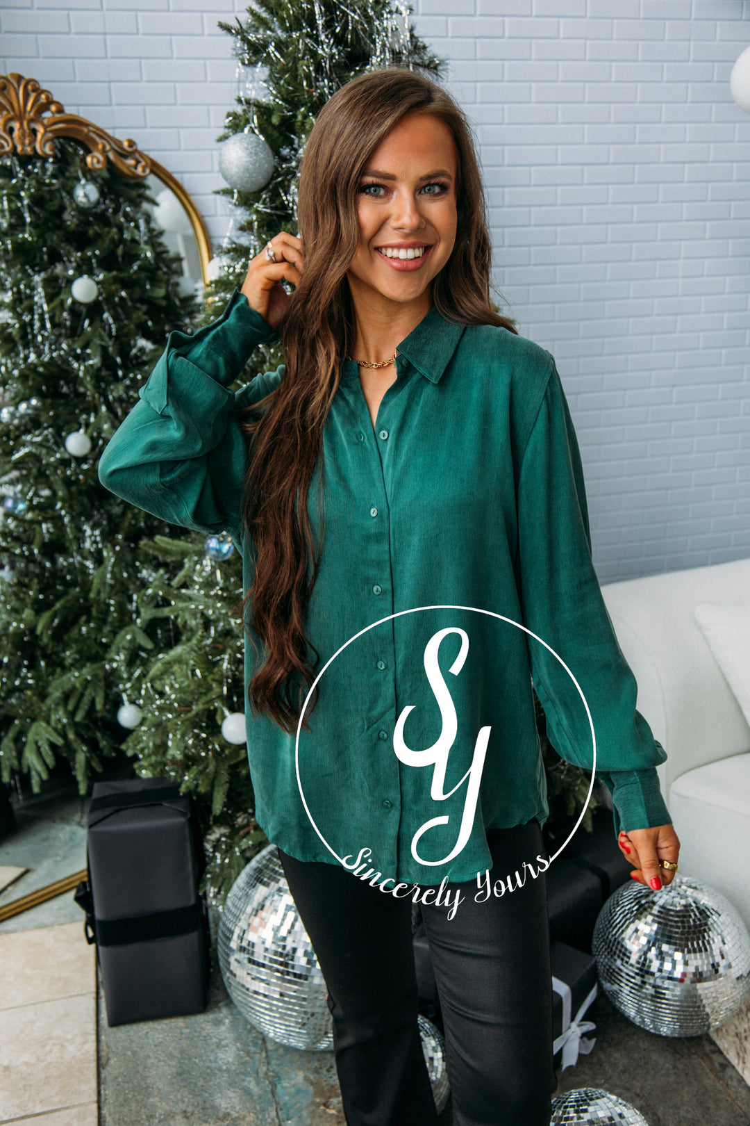 Dear John: Bridie Button Down Long Sleeve Top -Deep Emerald