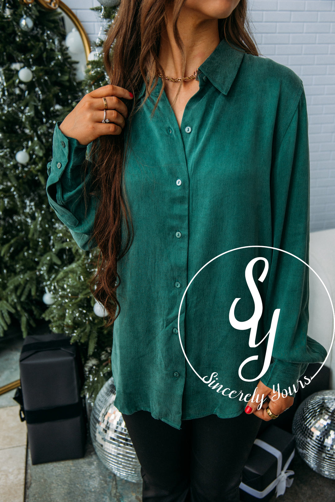 Dear John: Bridie Button Down Long Sleeve Top -Deep Emerald