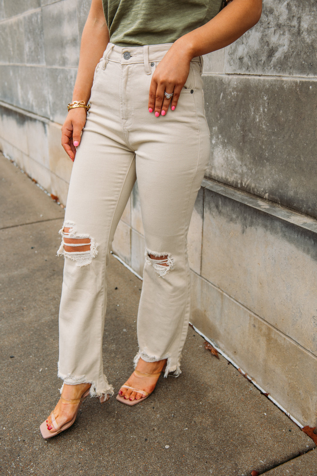 Hidden:  Happi High Rise Crop Flare Denim - Khaki