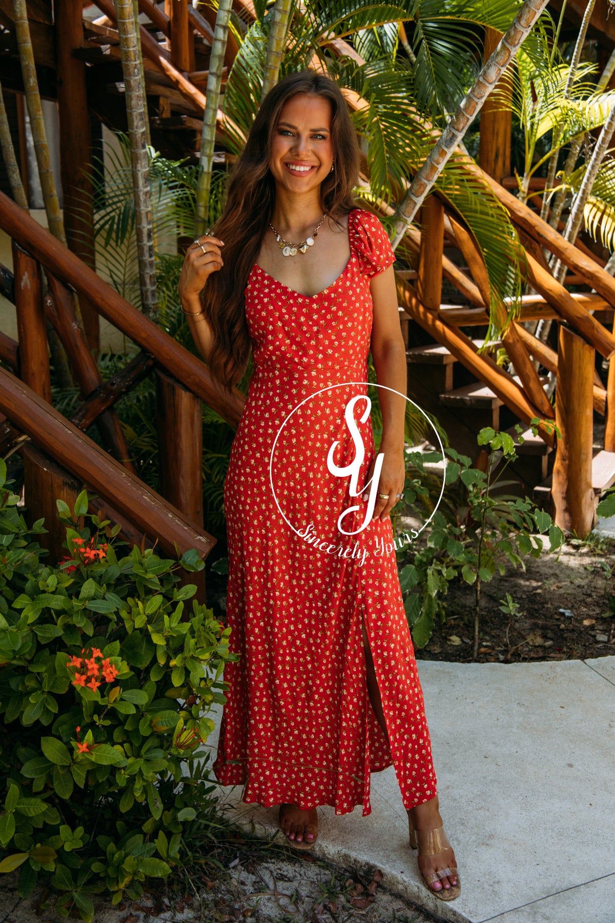 especially yours red dresses V-Neck Knit Dress with Gold Button Details- 51001 YELLOW / L
