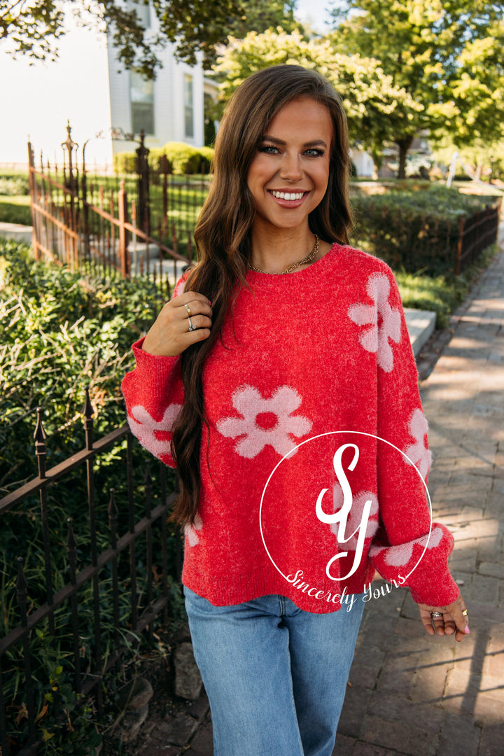 Fan Of Floral Sweater- Red