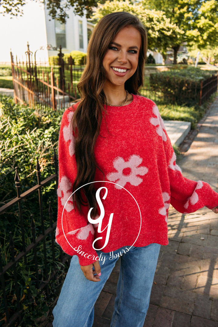 Fan Of Floral Sweater- Red