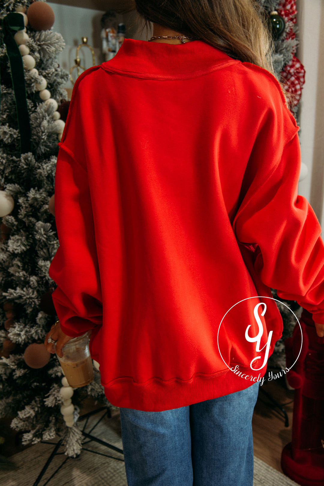 "MERRY" Days Embroidered Mock Neck Crew - Red
