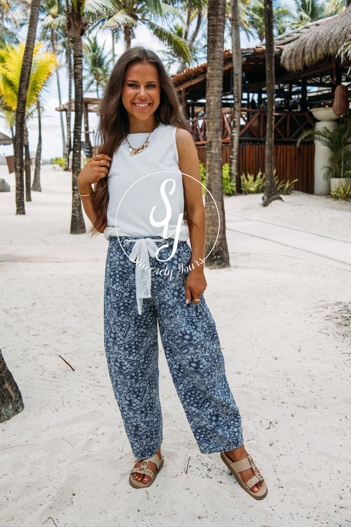 Paisley Lace Pants- Washed Denim