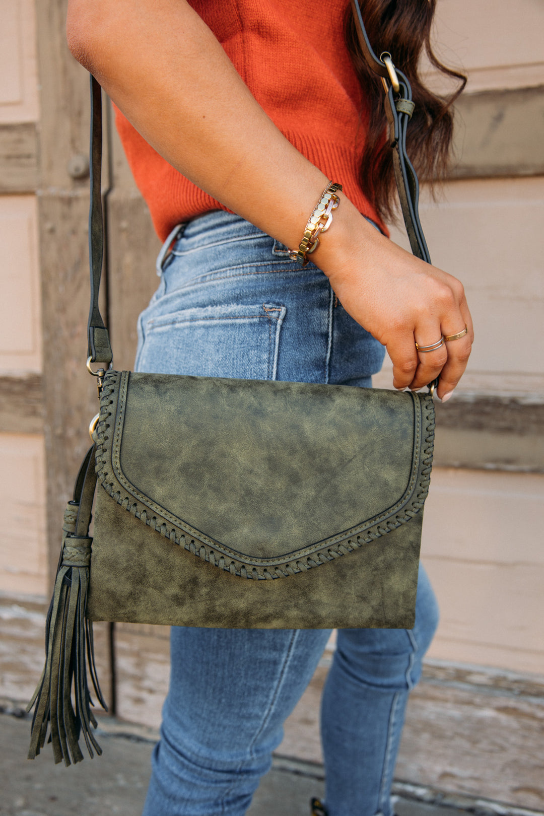 Sloane Suede Flapover Whipstitch Crossbody - Olive
