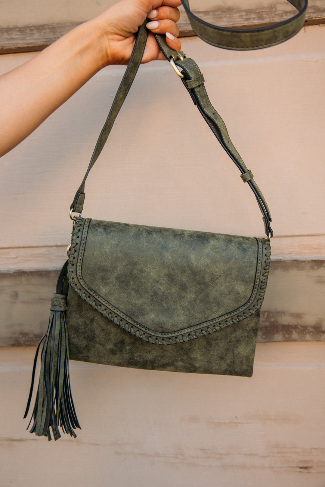 Sloane Suede Flapover Whipstitch Crossbody - Olive