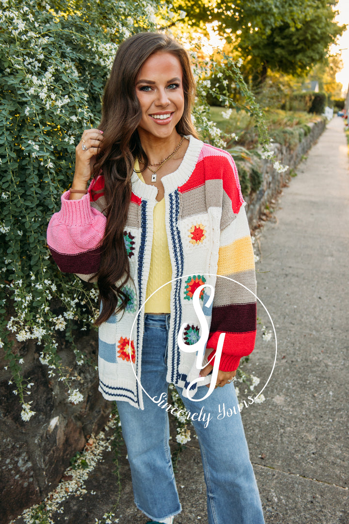 Granny Square Cardigan-Ivory Multi