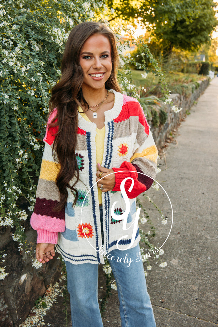 Granny Square Cardigan-Ivory Multi