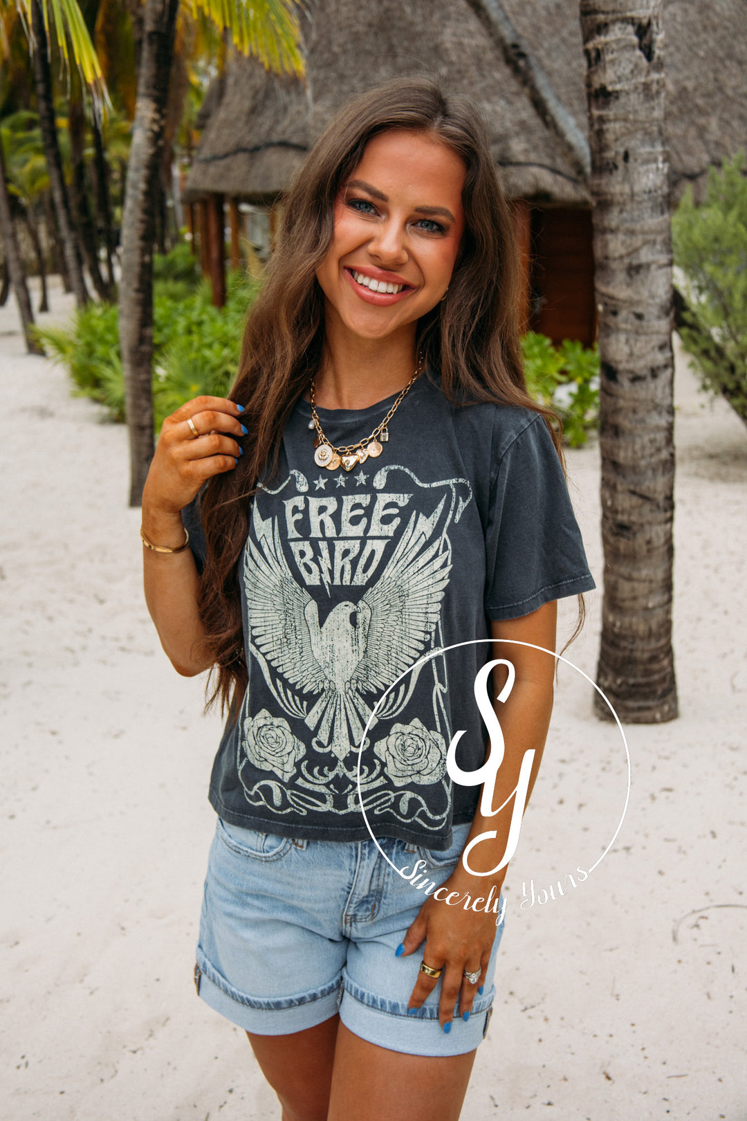 Free Bird & Rose Graphic Tee - Black