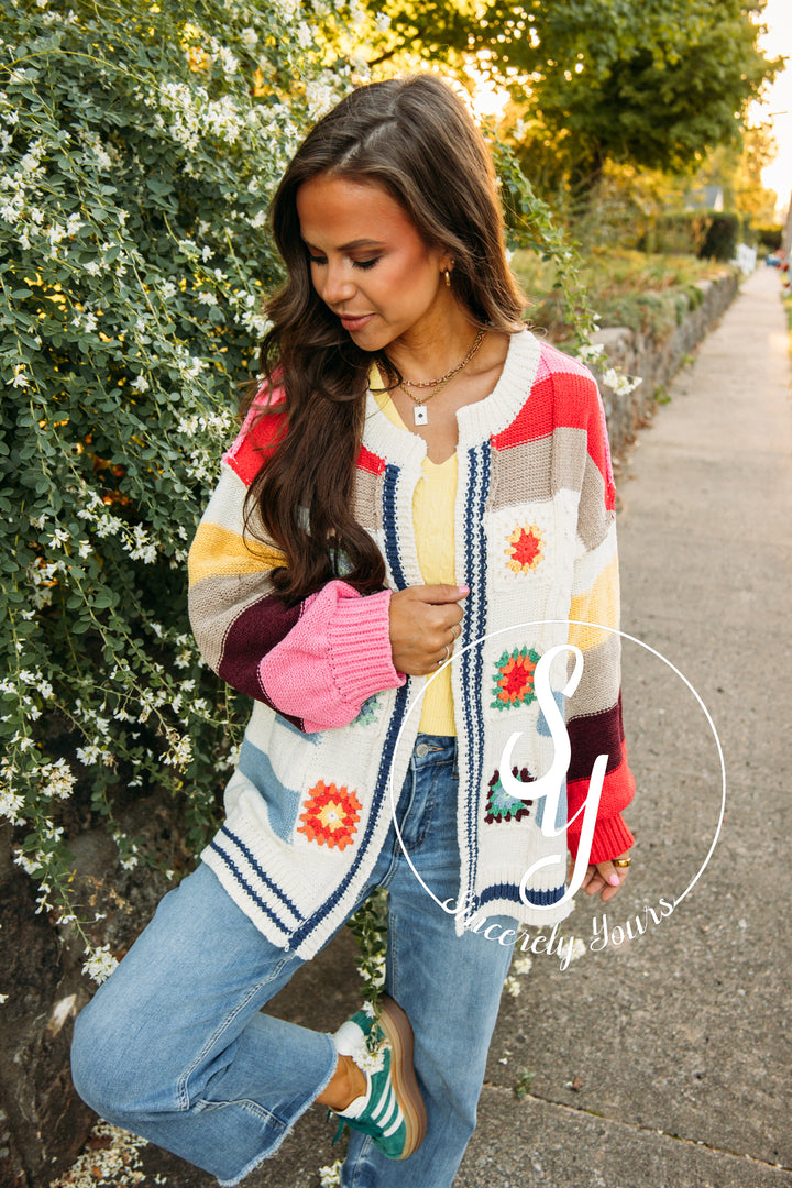 Granny Square Cardigan-Ivory Multi