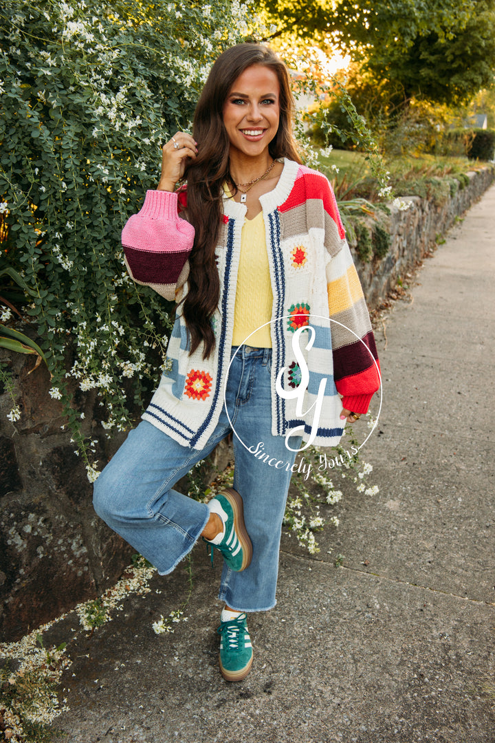 Granny Square Cardigan-Ivory Multi