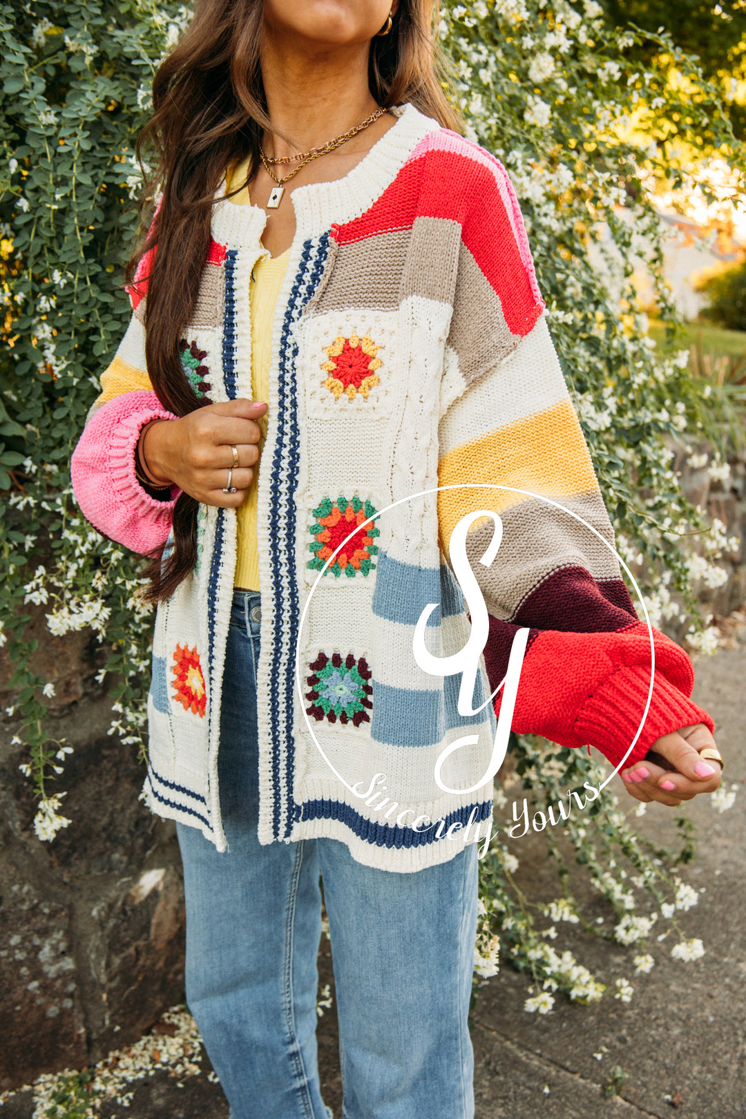 Granny Square Cardigan-Ivory Multi