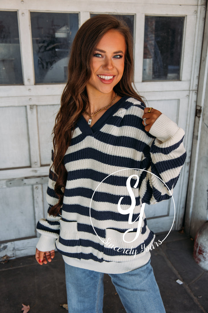 Along The Path Sweater- Navy/Cream