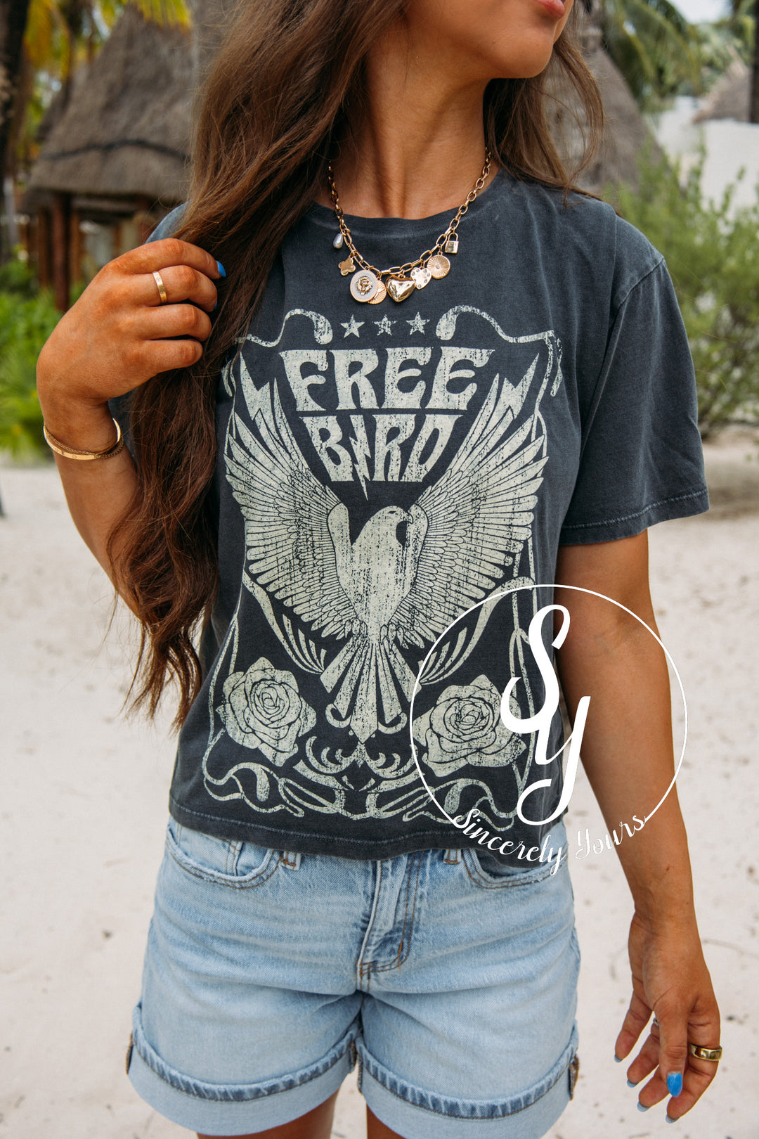 Free Bird & Rose Graphic Tee - Black