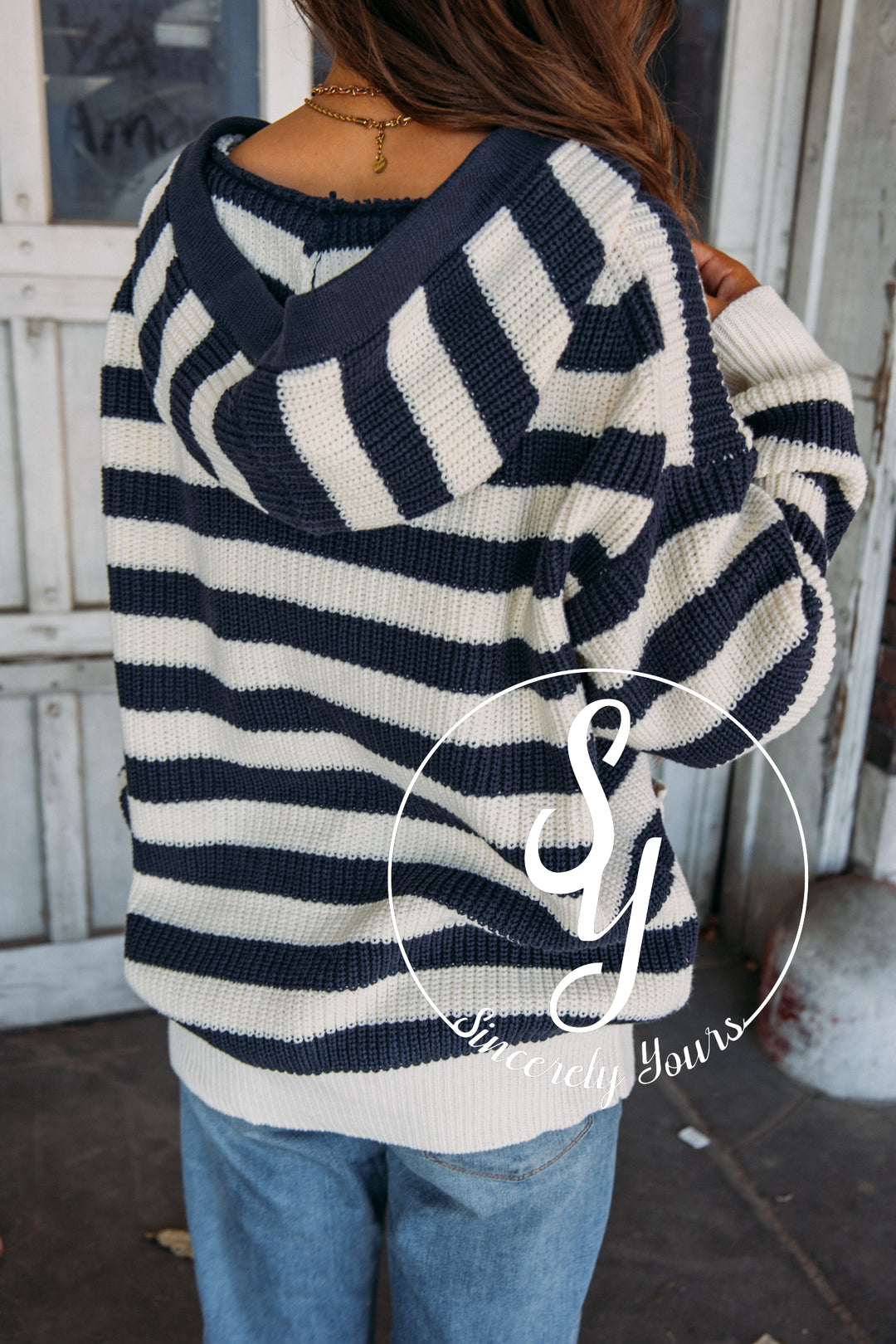 Along The Path Sweater- Navy/Cream