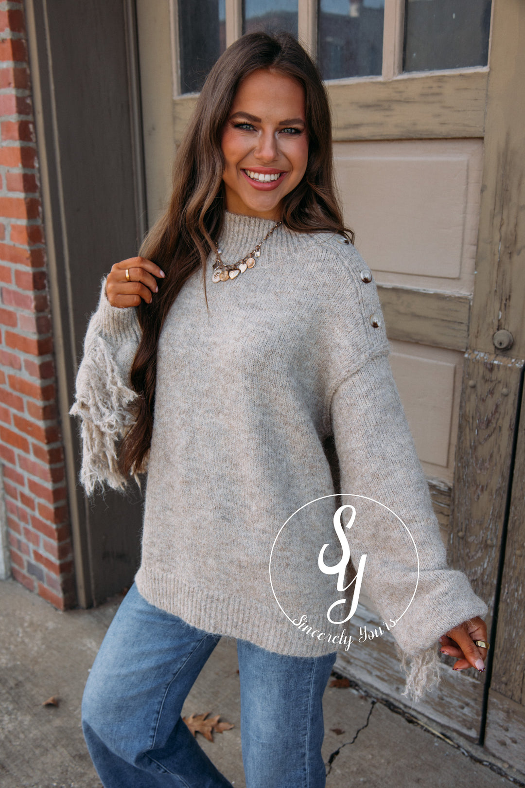 Cozy Fringe Sweater-Oat