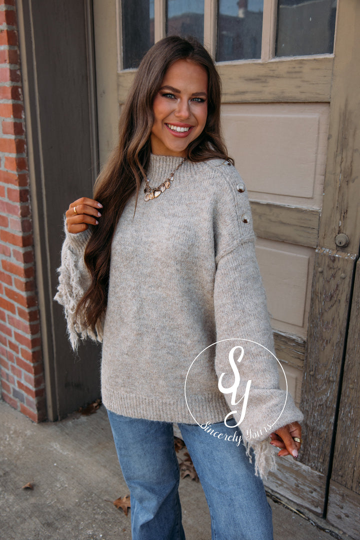 Cozy Fringe Sweater-Oat