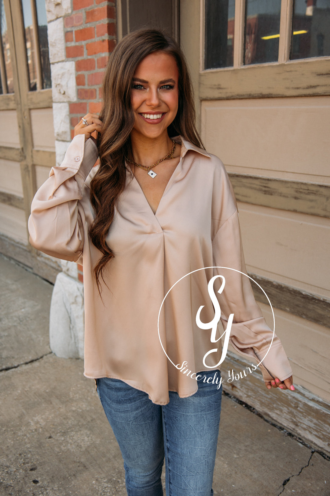 Simply Charmed Blouse-Taupe