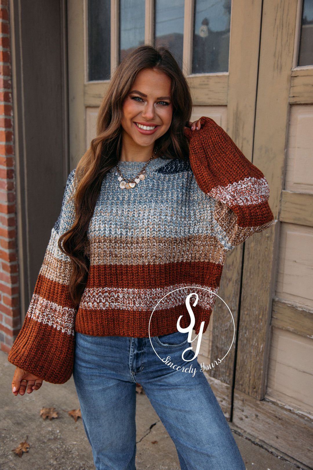 Blanche Striped Sweater-Navy/Rust Combo