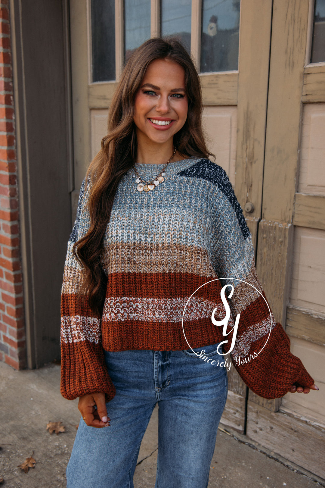 Blanche Striped Sweater-Navy/Rust Combo
