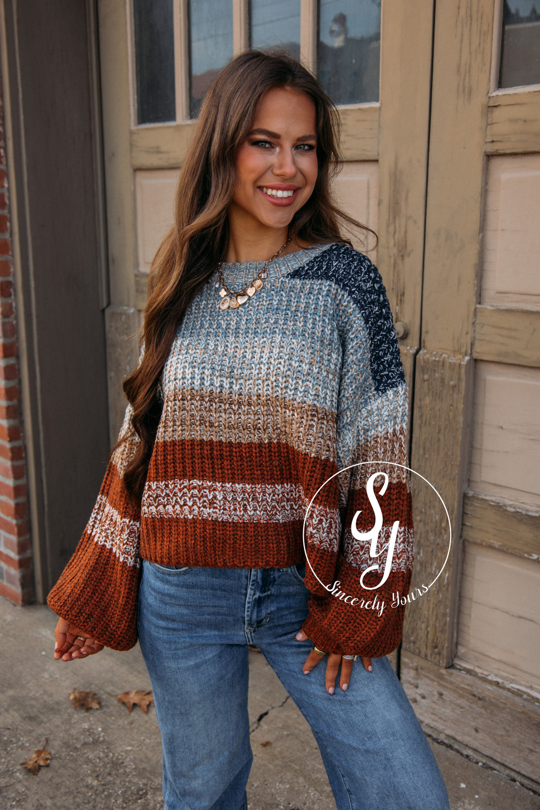 Blanche Striped Sweater-Navy/Rust Combo