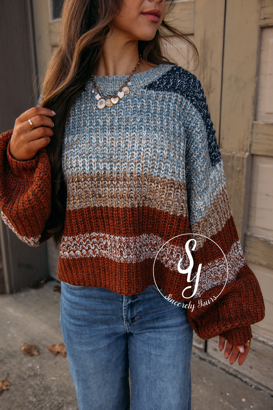 Blanche Striped Sweater-Navy/Rust Combo