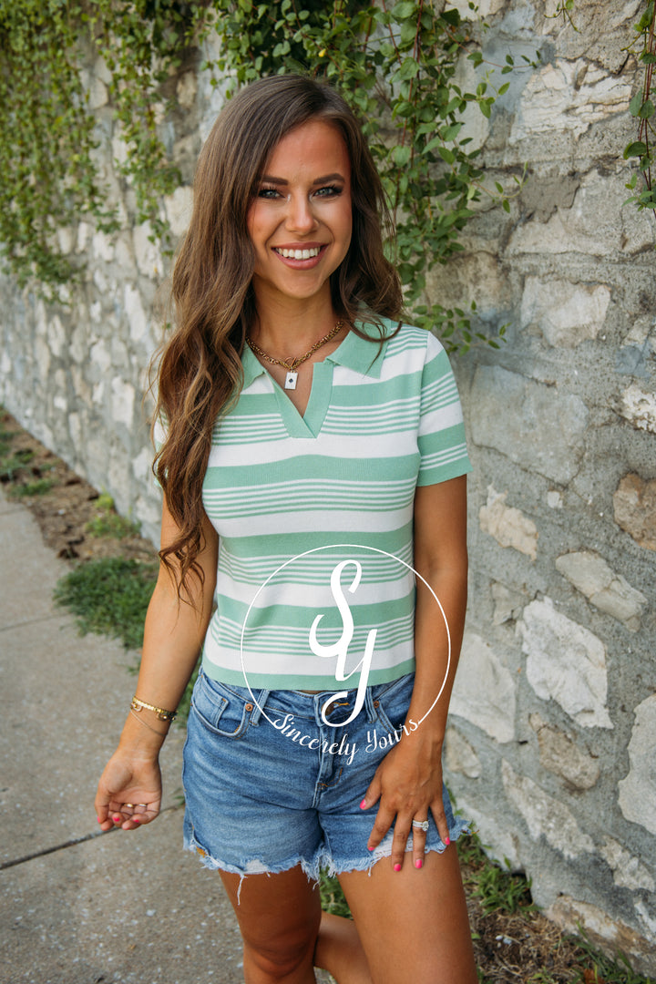 Feelin Preppy Top- Pastel Green White