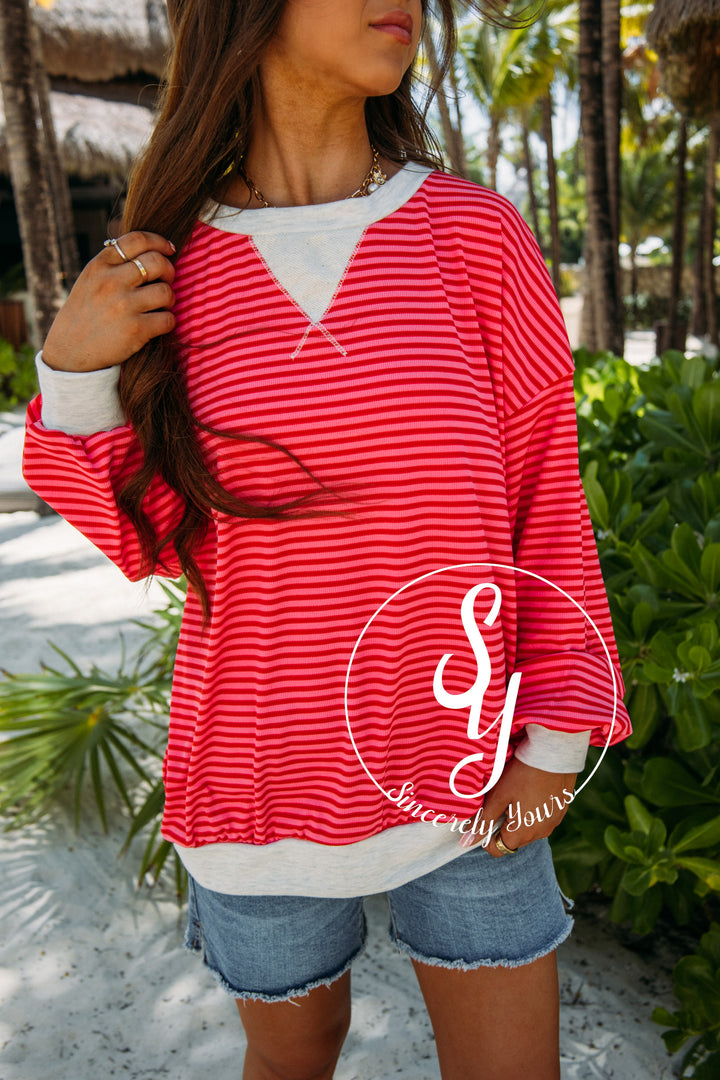 Sweet Tea Sippin Blouse- Red/ Oatmeal