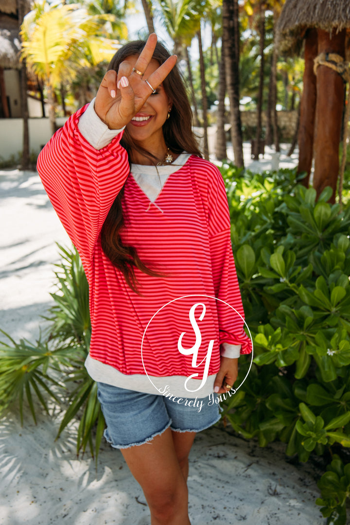 Sweet Tea Sippin Blouse- Red/ Oatmeal