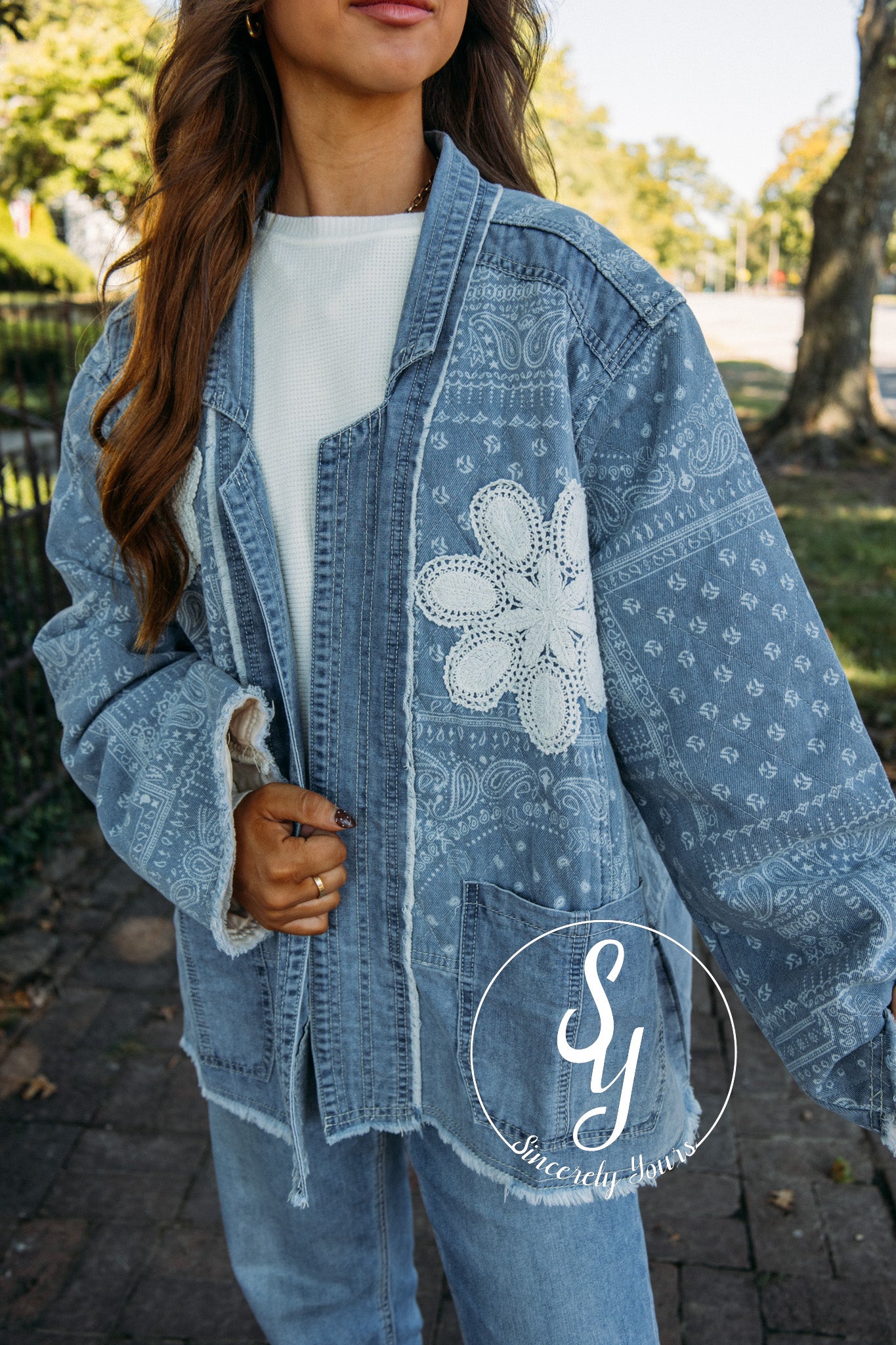 Flower print long denim jacket Vintage Hand Painted Moda 
