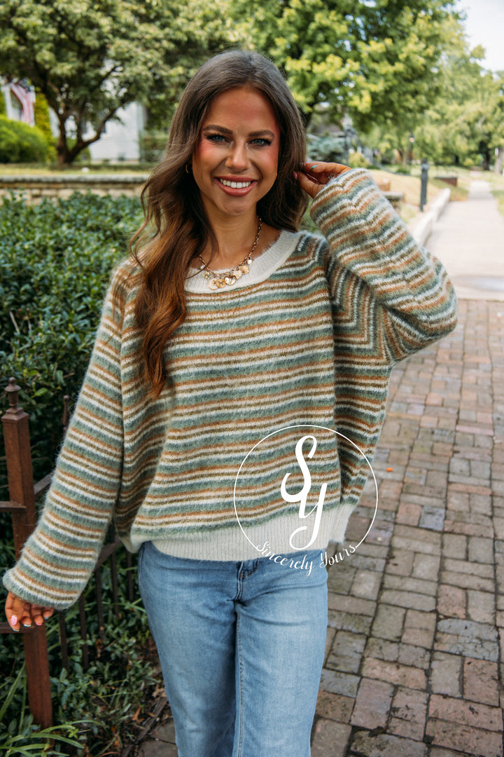 Cozy A La Mode Sweater- Olive Multi
