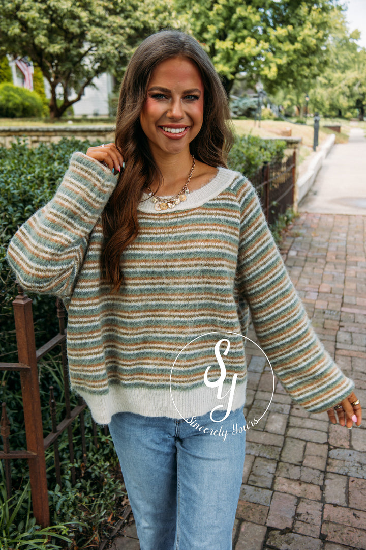 Cozy A La Mode Sweater- Olive Multi