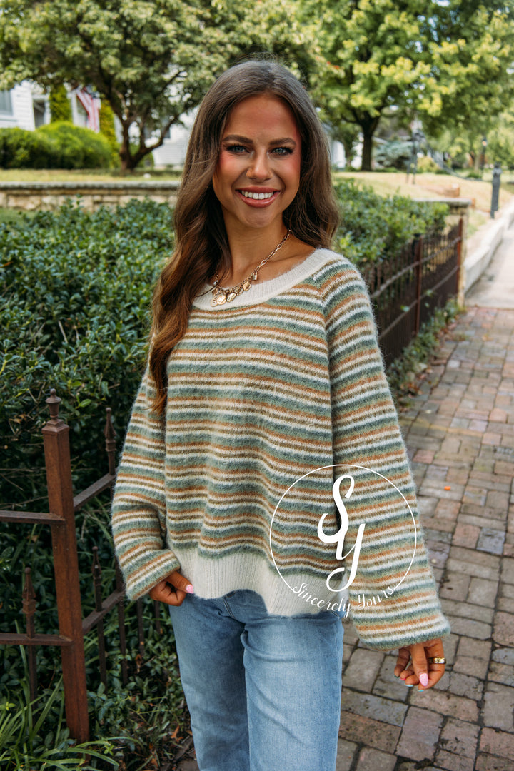 Cozy A La Mode Sweater- Olive Multi