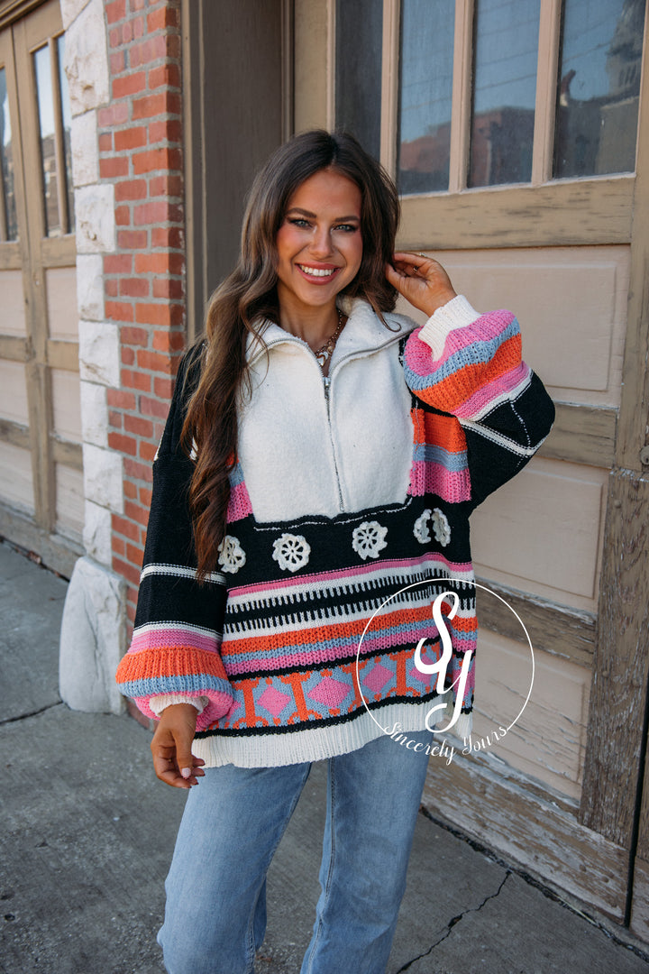 Flower Stripe Pullover - Black