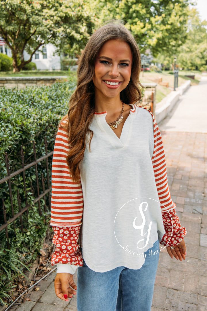 Floral Estate Stripe Top- Cream