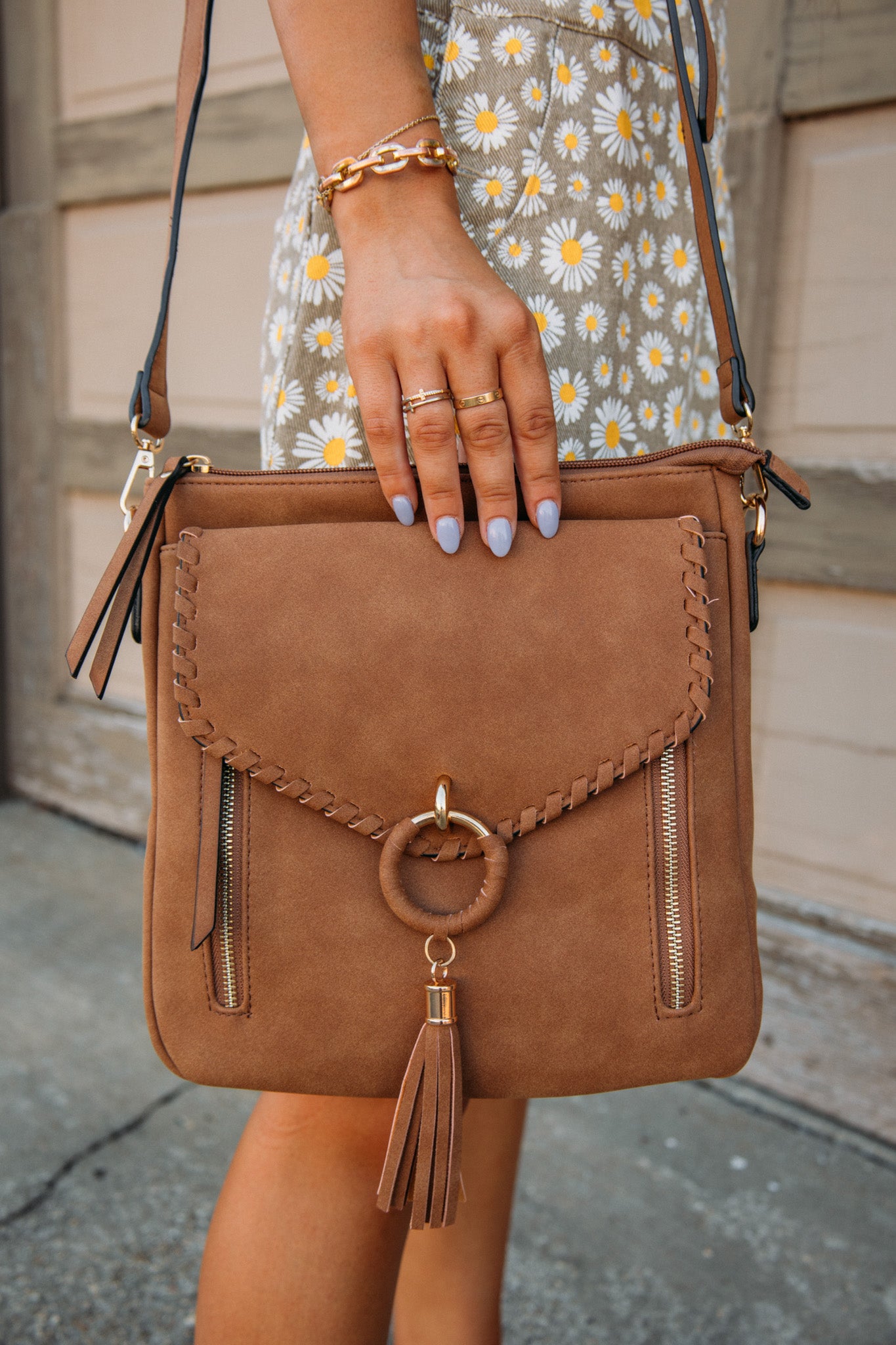 Layla Faux Suede Whipstitch Crossbody Brown