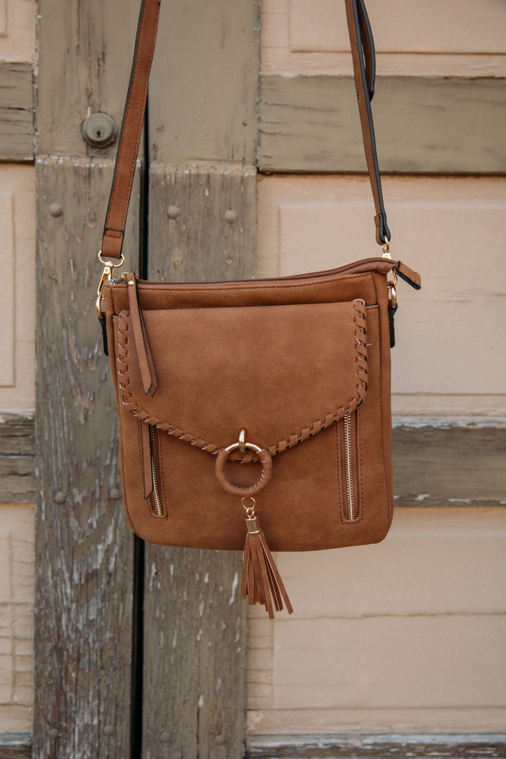 Layla Faux Suede Whipstitch Crossbody -Brown