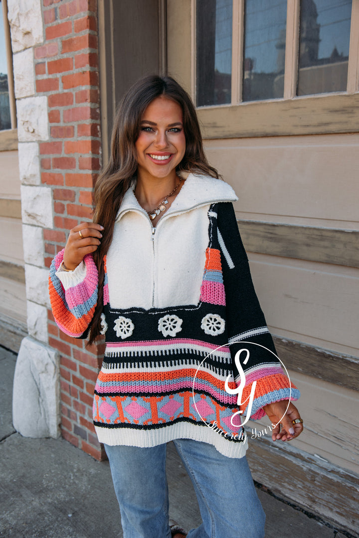 Flower Stripe Pullover - Black